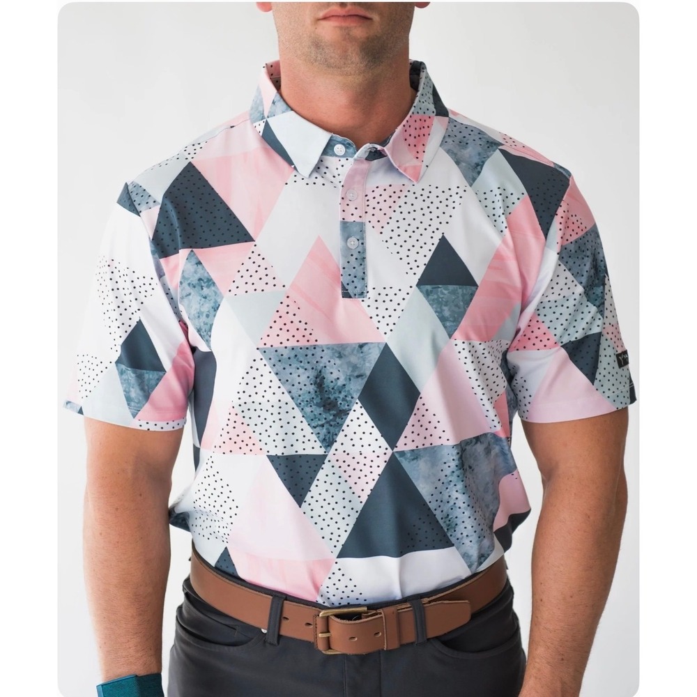 Yatta Golf Birdie Dropper Geometric Performance Golf Polo Pink Blue XL